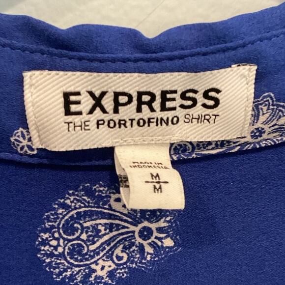 Express Portofino Shirt Size M Royal Blue Paisley Roll Tab Sleeve Work Office - Picture 2 of 9